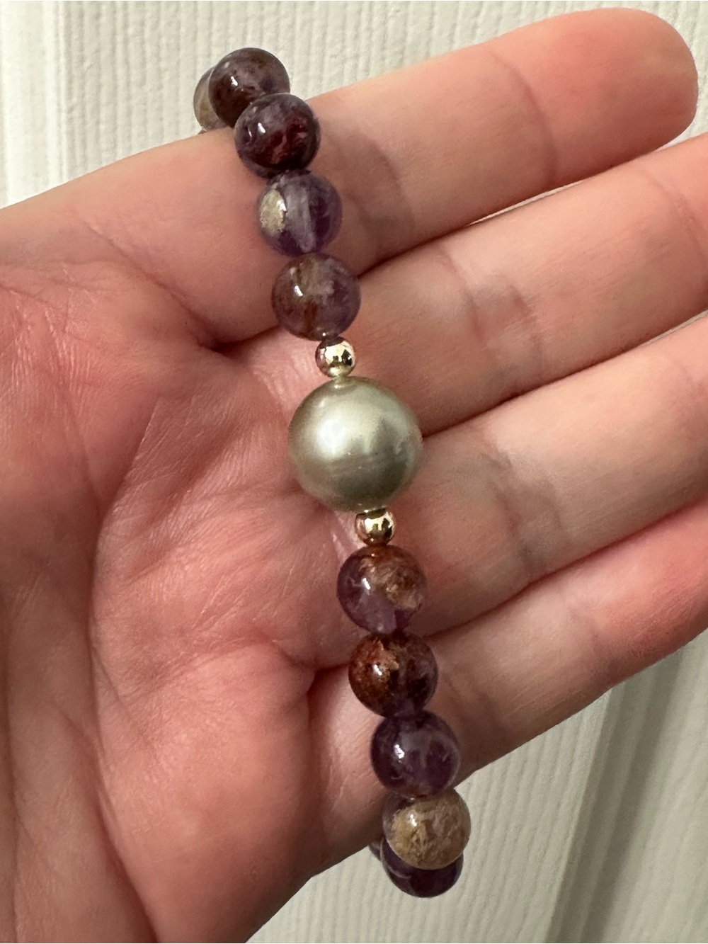 Tahitian Pearl Bracelet Super 7 Purple Gemstones Silver Pearl Stretchy 7.5” NWOT